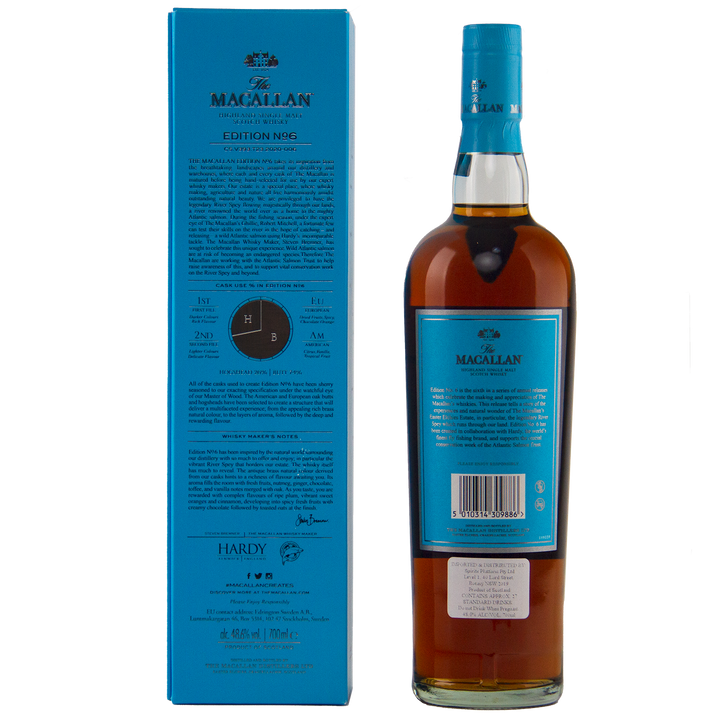A bottle of The Macallan Edition 6 Single Malt Scotch Whisky is positioned next to its box, both showcasing branding and product details as part of The Macallan Edition Series on a white background.