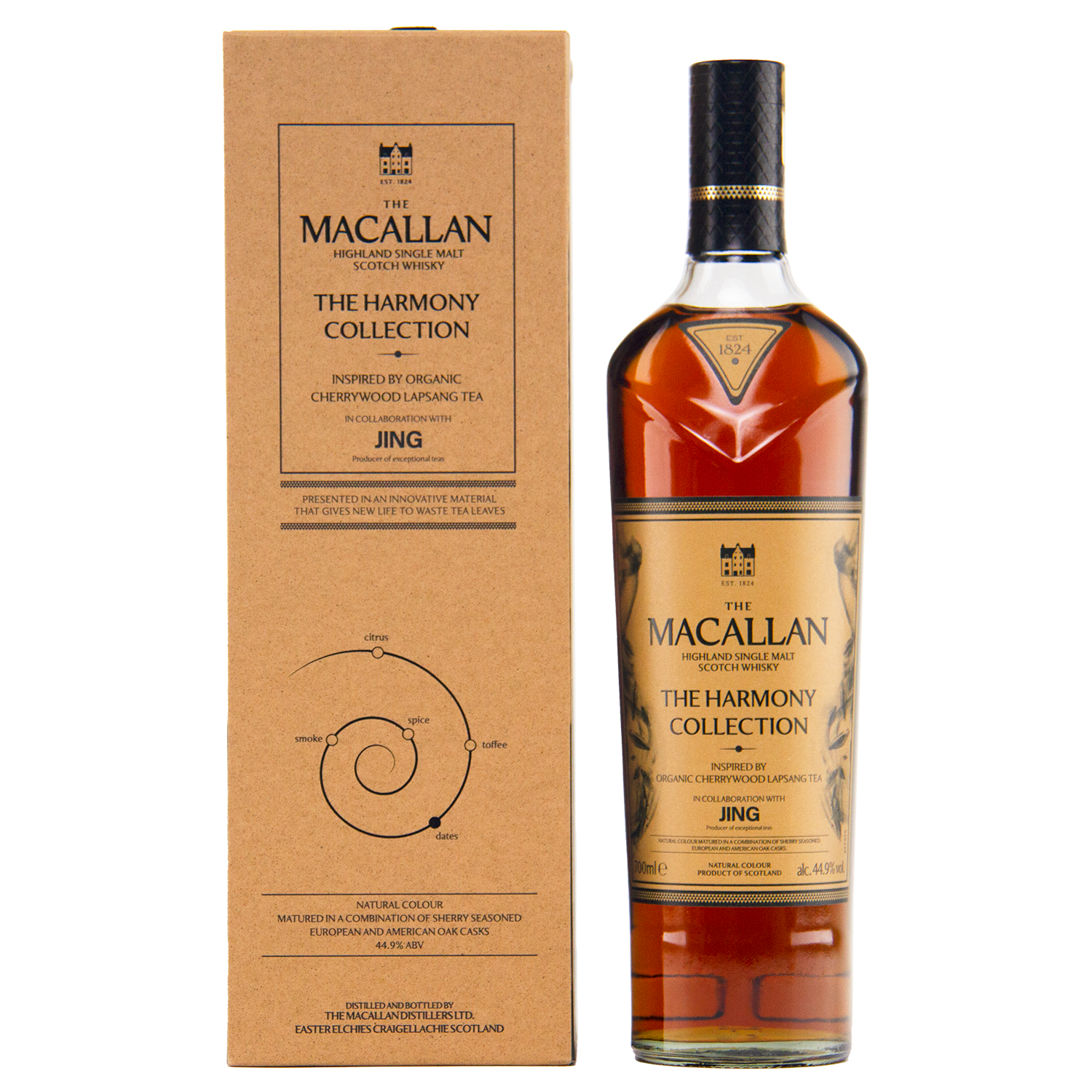 A bottle of The Macallan Harmony Collection Jing Single Malt Scotch Whisky is shown beside its brown box, both featuring black text and graphics. The label highlights inspiration from aromatic cherrywood lapsang tea and travel retail exclusivity.
