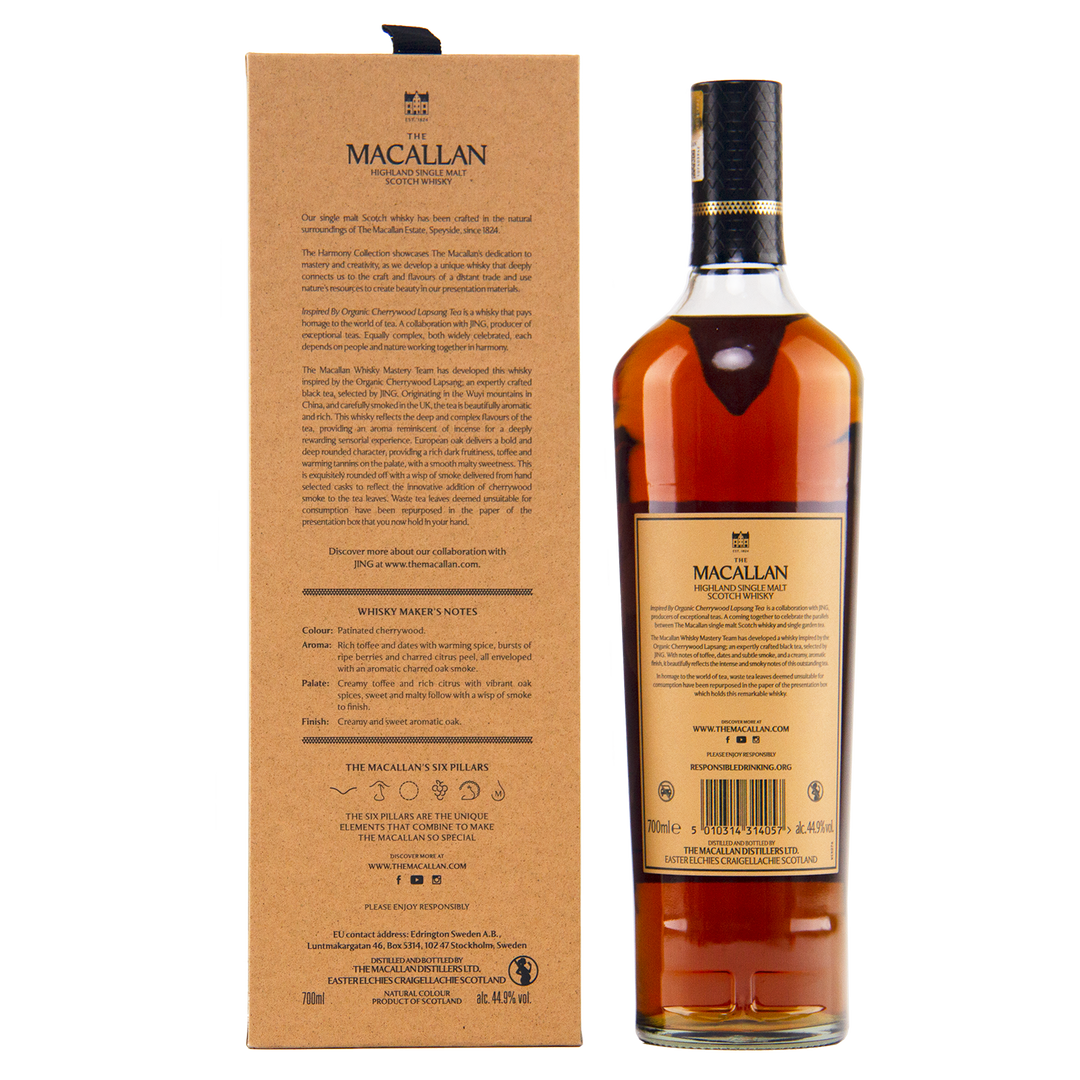 A bottle of The Macallan Harmony Collection Jing Single Malt Scotch Whisky stands next to its brown box, both featuring brand and product details in black and gold text, highlighting this travel retail exclusive on a white background.