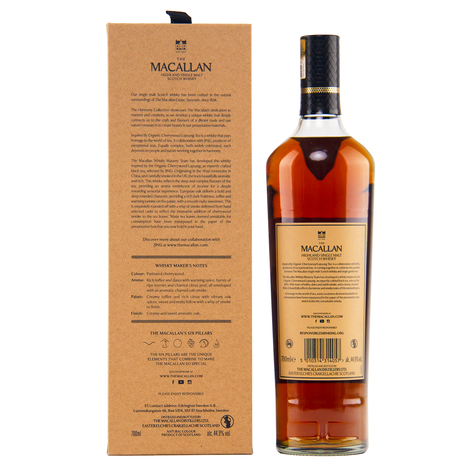 A bottle of The Macallan Harmony Collection Jing Single Malt Scotch Whisky stands next to its brown box, both featuring brand and product details in black and gold text, highlighting this travel retail exclusive on a white background.