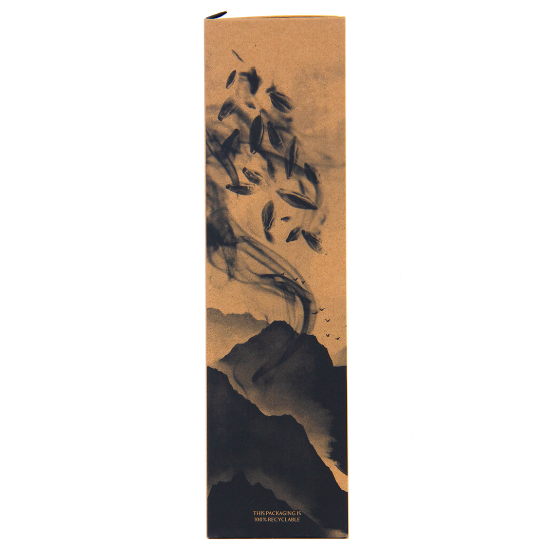A tall, rectangular, brown box featuring a black ink-style illustration of mountains and swirling leaves. The text at the bottom reads: THIS PACKAGING IS 100% RECYCLABLE. The Macallan Harmony Collection Jing Single Malt Scotch Whisky.