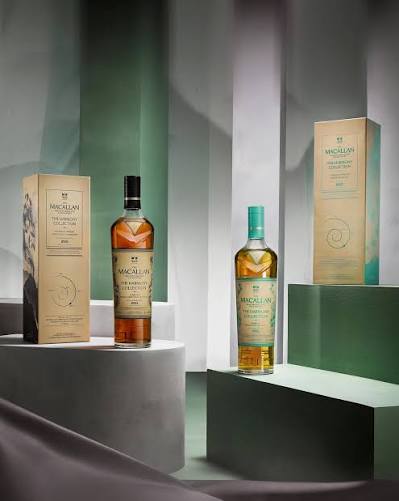 Two bottles of Macallan The Highland Park 20 Year Old single malt Scotch whisky with their matching beige boxes, displayed on modern geometric pedestals in a styled studio setting.