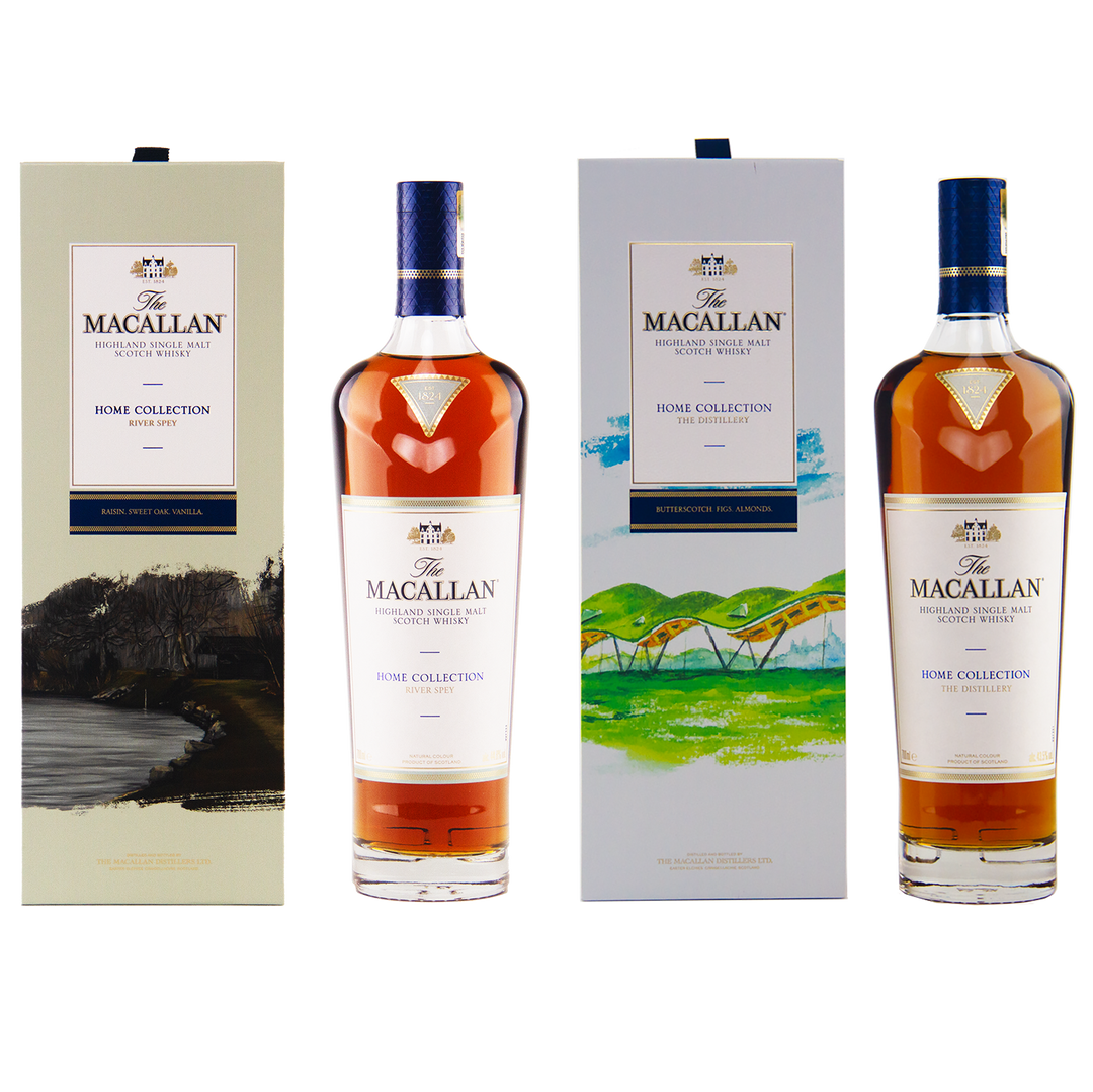 Two bottles of The Macallan Home Collection 1 & 2 Single Malt Scotch Whisky stand beside their boxes; set includes unique landscape artwork and giclée art prints with Home Collection 2—ideal for collectors.