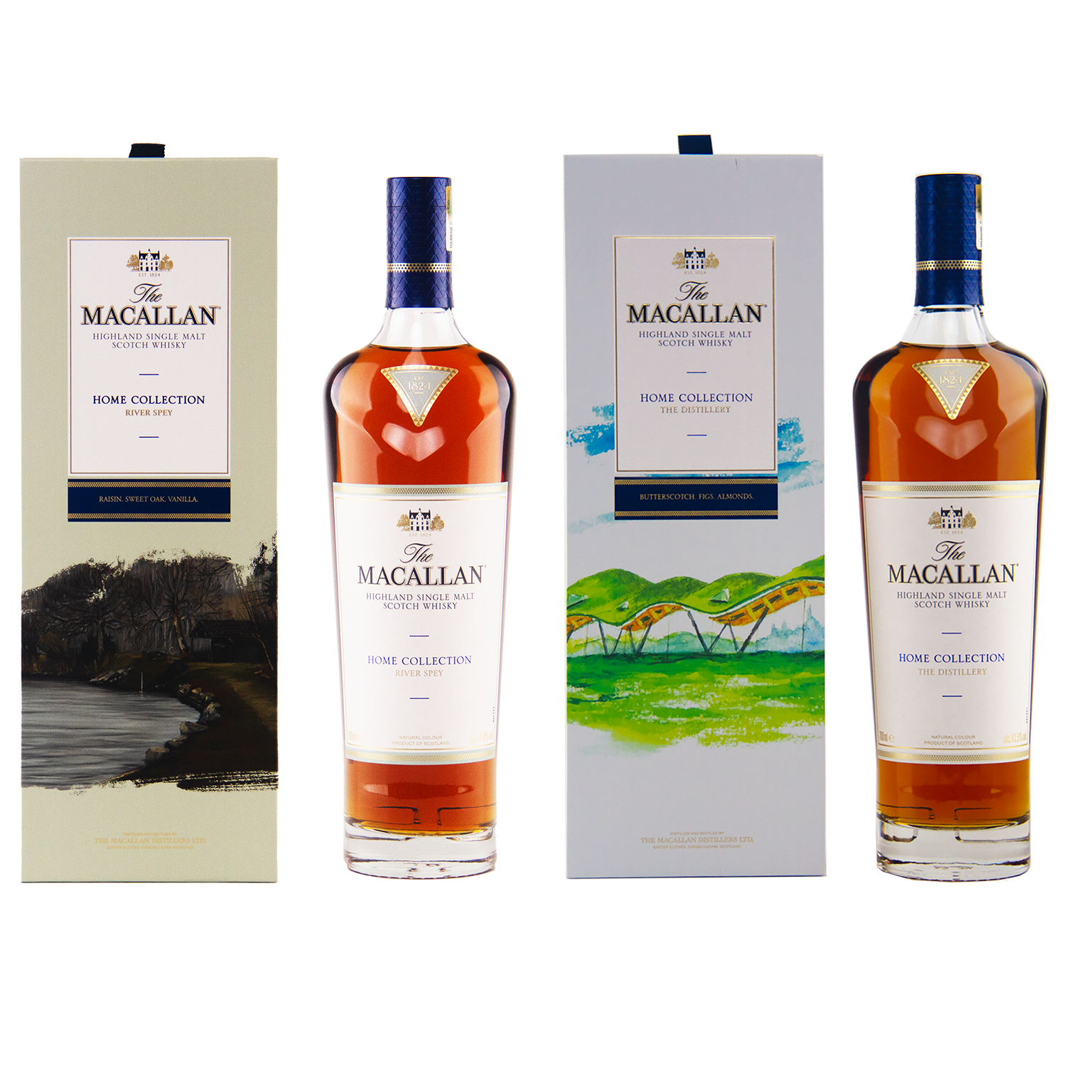 Two bottles of The Macallan Home Collection 1 & 2 Single Malt Scotch Whisky stand beside their boxes; set includes unique landscape artwork and giclée art prints with Home Collection 2—ideal for collectors.