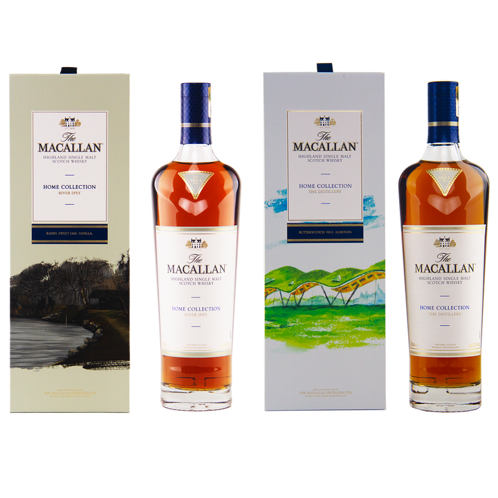 Two bottles of The Macallan Home Collection 1 & 2 Single Malt Scotch Whisky stand beside their boxes; set includes unique landscape artwork and giclée art prints with Home Collection 2—ideal for collectors.