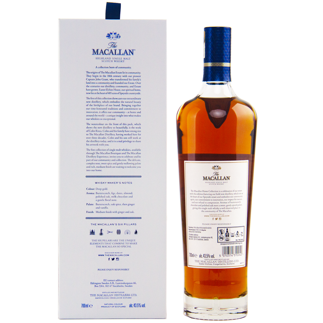 A bottle of The Macallan Home Collection 1 & 2 Single Malt Scotch Whisky stands beside its box, both featuring blue and gold branding. This amber-colored limited edition includes Giclée Art Prints with Home Collection 2—ideal for collectors.