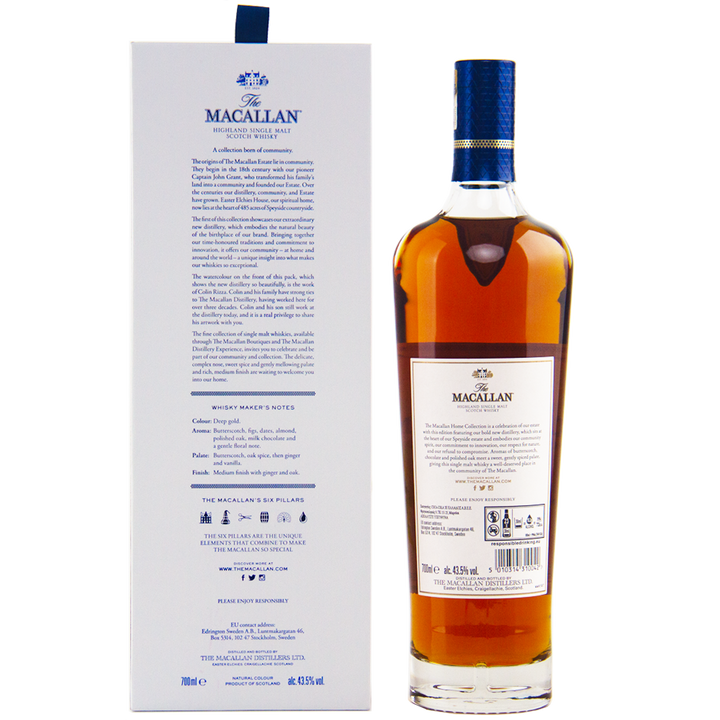 A bottle of The Macallan Home Collection 1 & 2 Single Malt Scotch Whisky stands beside its box, both featuring blue and gold branding. This amber-colored limited edition includes Giclée Art Prints with Home Collection 2—ideal for collectors.