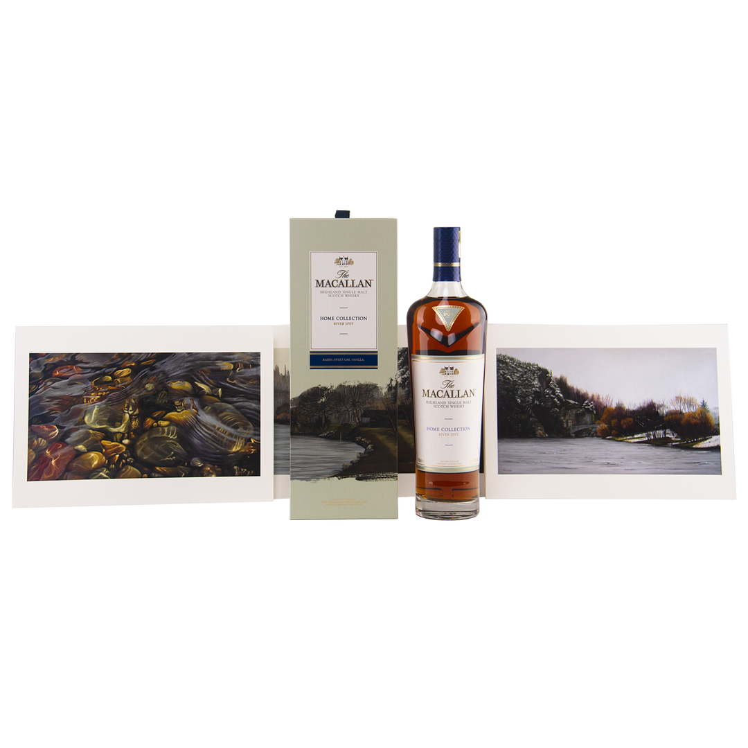 A bottle of The Macallan Home Collection 1 & 2 Single Malt Scotch Whisky stands between its box and two Giclée art prints from Home Collection 2, all set against a white background.