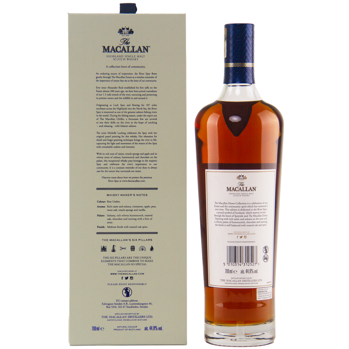 A bottle of The Macallan Home Collection 1 & 2 Single Malt Scotch Whisky stands upright beside its beige box, with both displayed on a white background. Giclée art prints are included with Home Collection 2.