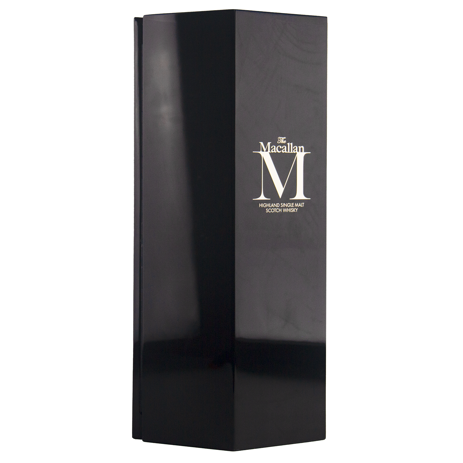 A tall, glossy black box with minimal design and gold text showcases The Macallan M (2017 First Release) Single Malt Scotch Whisky, reflecting sherry oak maturation and sharp-edged sophistication.