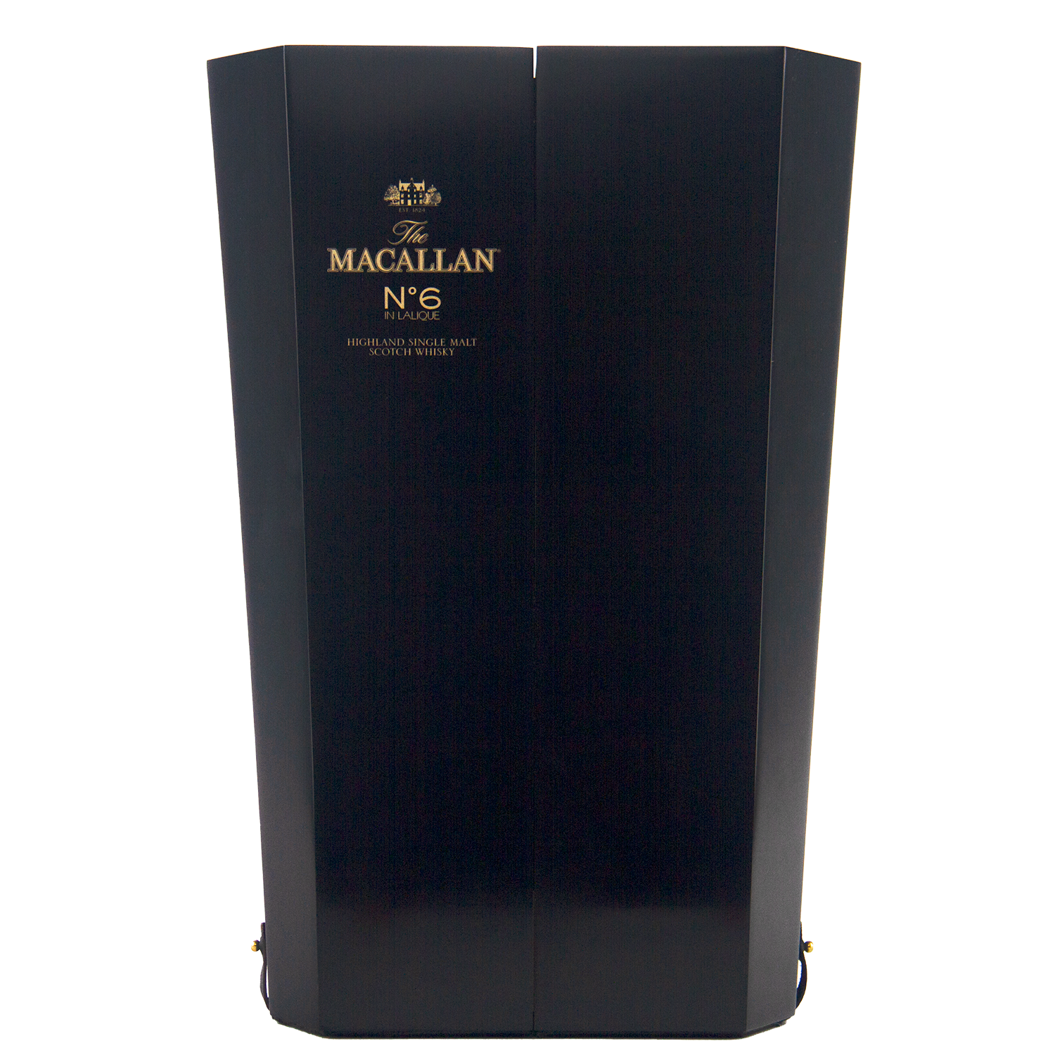 A tall, elegant dark wooden box with gold text reading "The Macallan No 6 Single Malt Scotch Whisky," highlighting its sherry cask maturation, displayed against a plain white background.