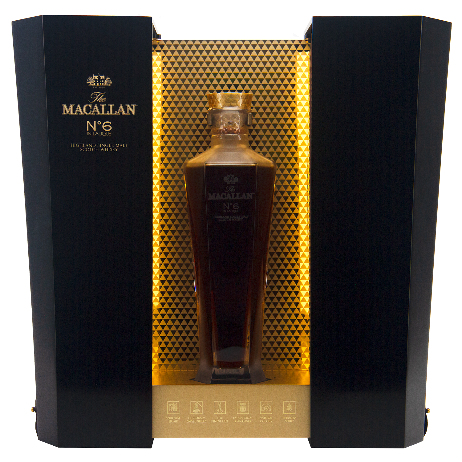 A bottle of The Macallan No 6 Single Malt Scotch Whisky rests in a hexagonal decanter within an elegant black and gold display box, featuring a honeycomb-patterned backdrop.