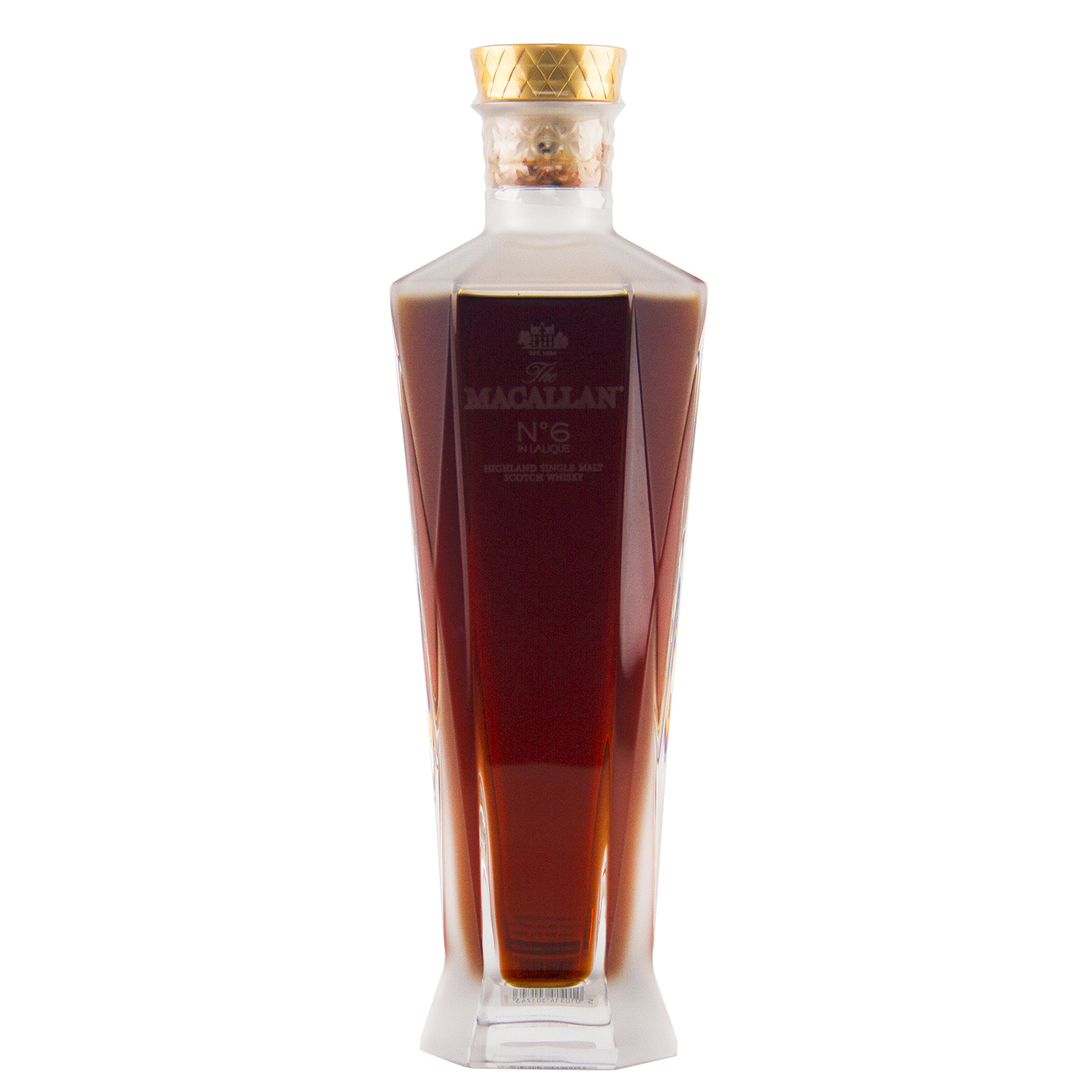The Macallan No 6 Single Malt Scotch Whisky comes in a clear, faceted decanter-style bottle with a gold cap; its dark amber liquid is matured in sherry casks for exceptional richness.