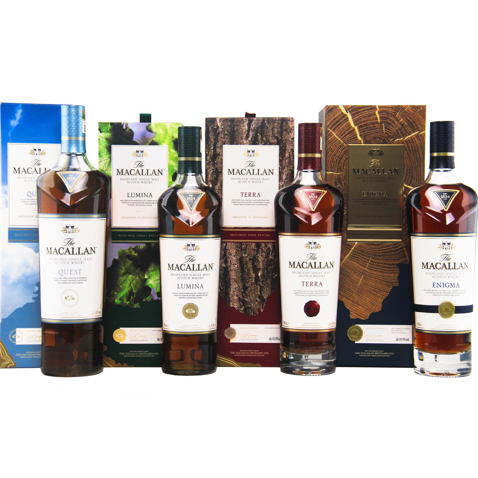 Five bottles of The Macallan Quest Complete Series Single Malt Scotch Whisky—Quest, Lumina, Terra, and Enigma—stand in a row as travel retail exclusives with sherry seasoned oak cask maturation and vibrant packaging.