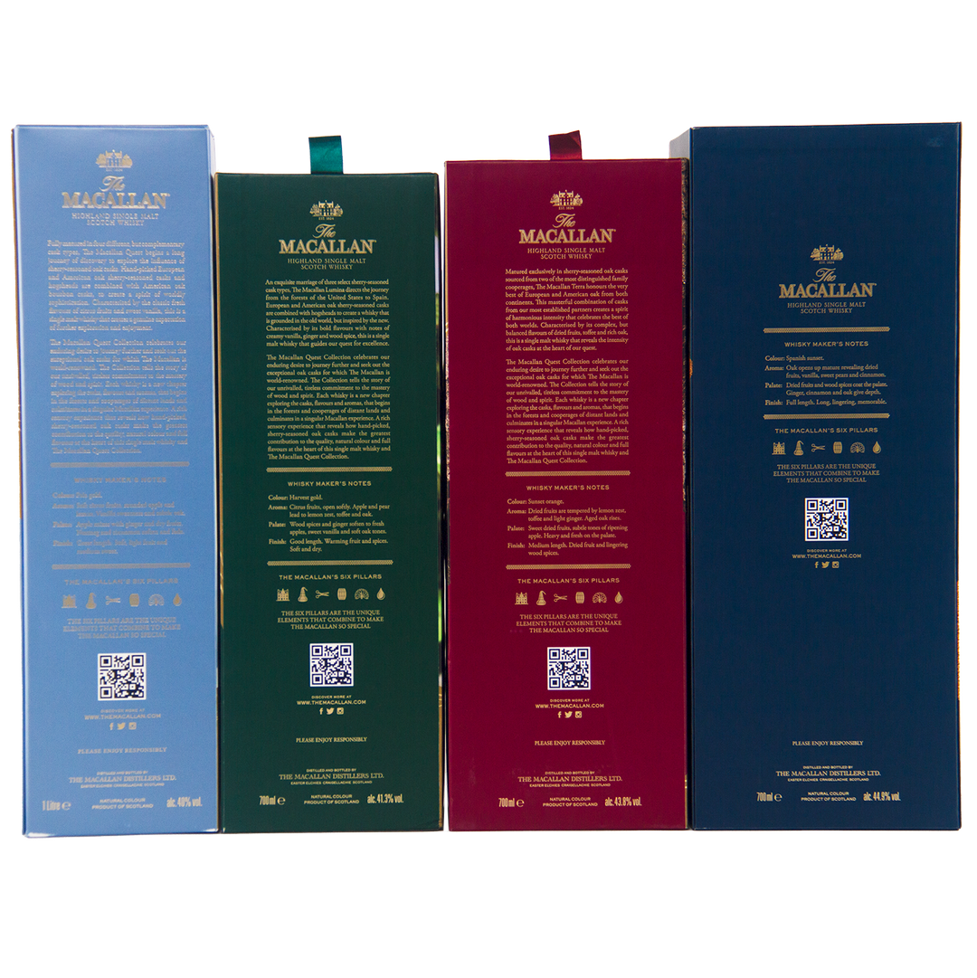 Four upright boxes of The Macallan Quest Complete Series Single Malt Scotch Whisky in blue, green, and two reds display gold text and QR codes on the back. Crafted in sherry seasoned oak casks, these bottles are exclusive to travel retail.