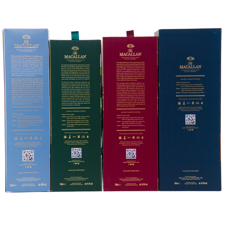Four upright boxes of The Macallan Quest Complete Series Single Malt Scotch Whisky in blue, green, and two reds display gold text and QR codes on the back. Crafted in sherry seasoned oak casks, these bottles are exclusive to travel retail.
