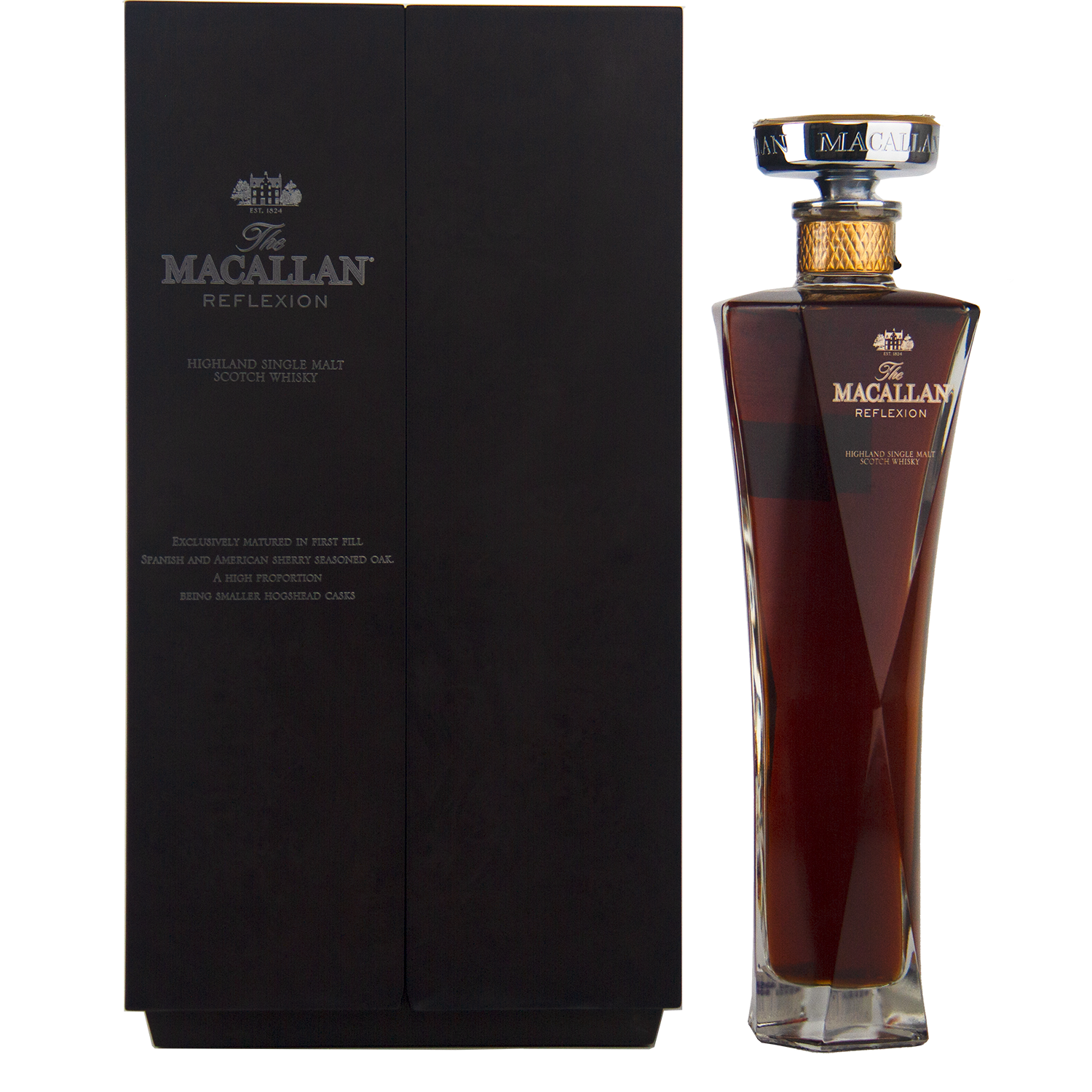 A tall, elegant bottle of The Macallan Reflexion Single Malt Scotch Whisky stands beside its sleek black box, both adorned with gold and white labels—a tribute to sherry cask maturation.