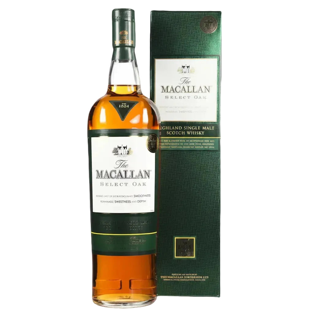 A bottle of The Macallan Select Oak Highland Single Malt Scotch Whisky next to its dark green presentation box, photographed against a light gray background.