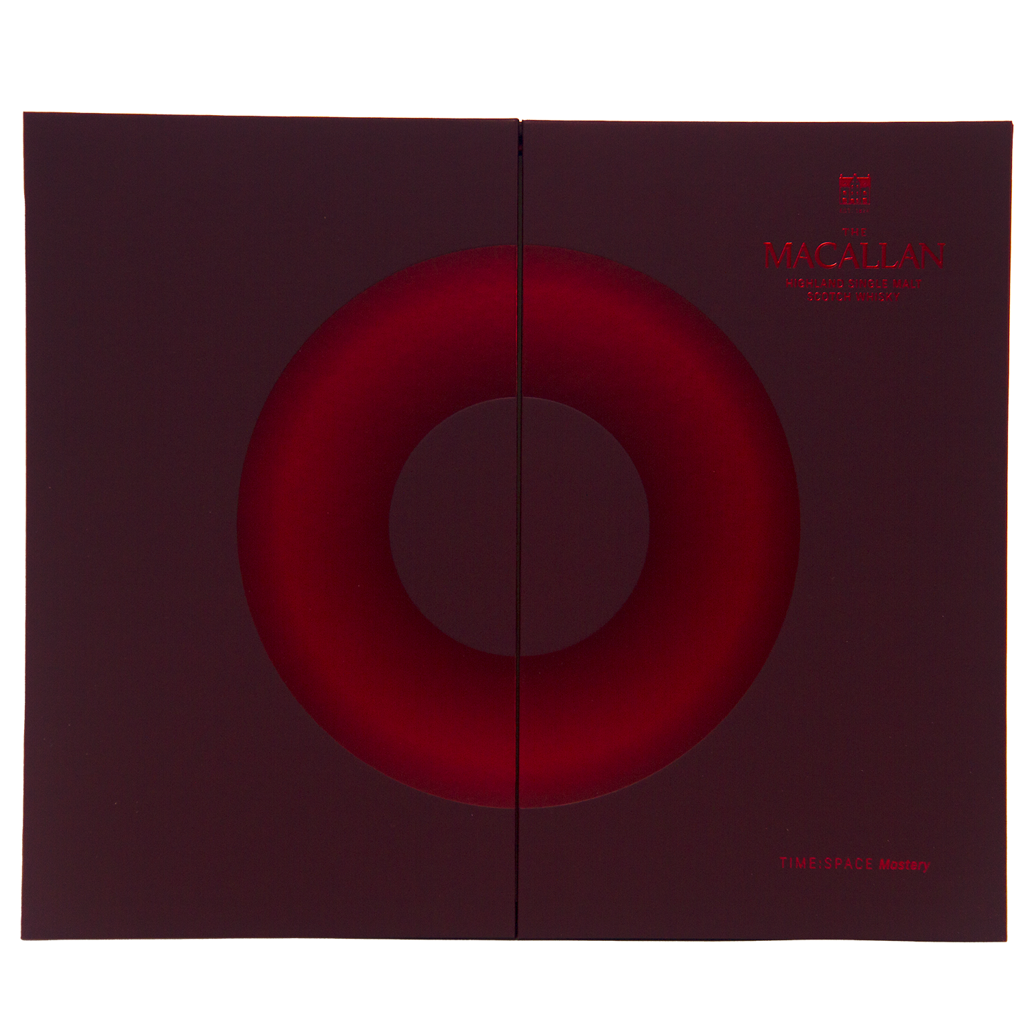 A dark red and burgundy box with a circular red gradient design, The Macallan branding in the upper right, and "Macallan Time Space Mastery" at the bottom right celebrates The Macallan Time Space Mastery Single Malt Scotch Whisky's 200th Anniversary—a true collectible.