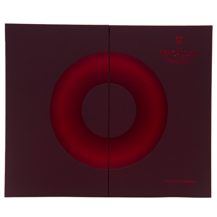 A dark red and burgundy box with a circular red gradient design, The Macallan branding in the upper right, and "Macallan Time Space Mastery" at the bottom right celebrates The Macallan Time Space Mastery Single Malt Scotch Whisky's 200th Anniversary—a true collectible.