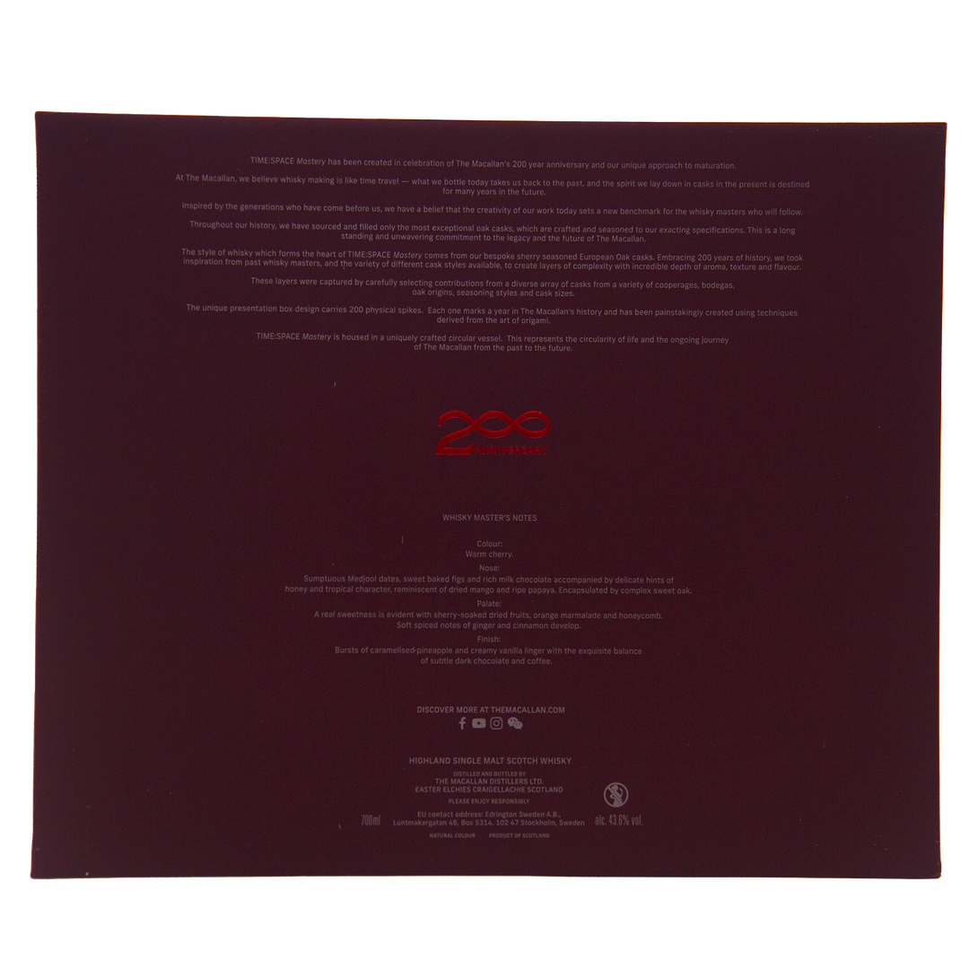 A dark maroon box with white text celebrates The Macallan 200th Anniversary, featuring a bold red 200 logo. Details and tasting notes for The Macallan Time Space Mastery Single Malt Scotch Whisky appear below.