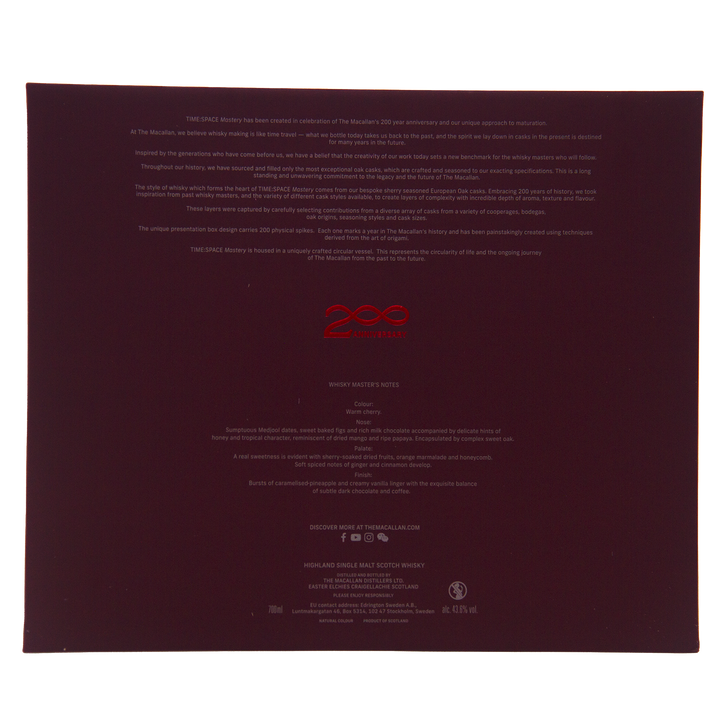 A dark maroon box with white text celebrates The Macallan 200th Anniversary, featuring a bold red 200 logo. Details and tasting notes for The Macallan Time Space Mastery Single Malt Scotch Whisky appear below.