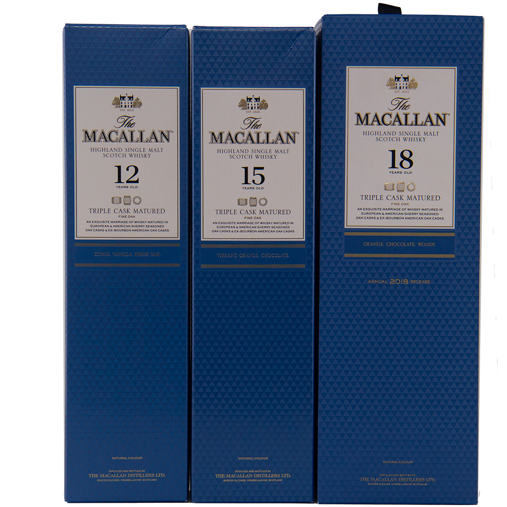 Three blue boxes of The Macallan Triple Cask 12, 15, and 18 Year Old feature gold and white accents and the Triple Cask Matured label—a collectible set for fans of the renowned Macallan Triple Cask range.