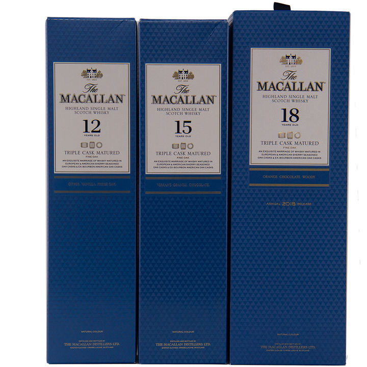 Three blue boxes of The Macallan Triple Cask 12, 15, and 18 Year Old feature gold and white accents and the Triple Cask Matured label—a collectible set for fans of the renowned Macallan Triple Cask range.