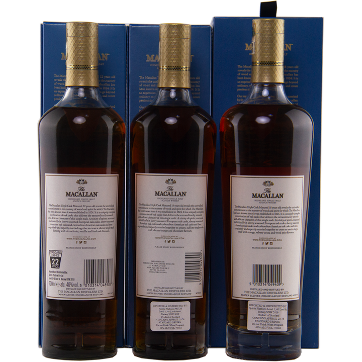 Three bottles of The Macallan Triple Cask 12, 15, and 18 are displayed from the back with white labels and gold foil on their necks, standing before blue boxes. The labels show product details.