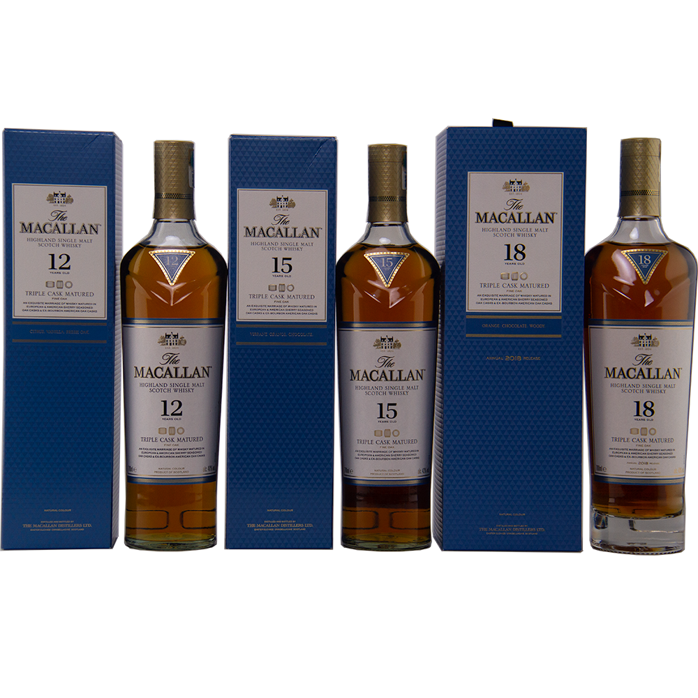 Four bottles of The Macallan Triple Cask 12, 15, and 18, each in blue packaging, are arranged in a row against a white background—an ideal set for fans of the renowned Macallan Fine Oak range.