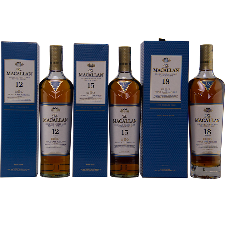 Four bottles of The Macallan Triple Cask 12, 15, and 18, each in blue packaging, are arranged in a row against a white background—an ideal set for fans of the renowned Macallan Fine Oak range.