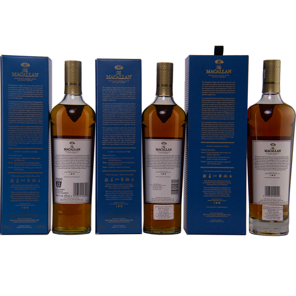 Three bottles of The Macallan Triple Cask 12, 15, and 18 are shown with their backs facing forward. Each bottle is paired with its blue box displaying the back label and product details, all set against a well-lit plain white background.