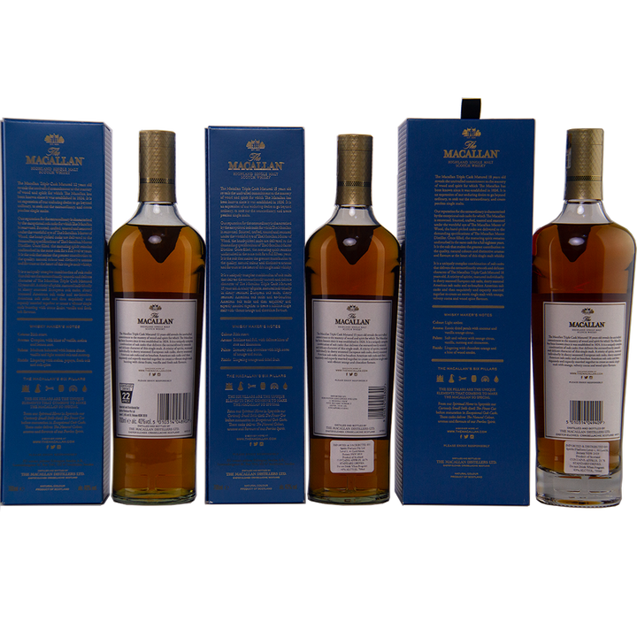Three bottles of The Macallan Triple Cask 12, 15, and 18 are shown with their backs facing forward. Each bottle is paired with its blue box displaying the back label and product details, all set against a well-lit plain white background.