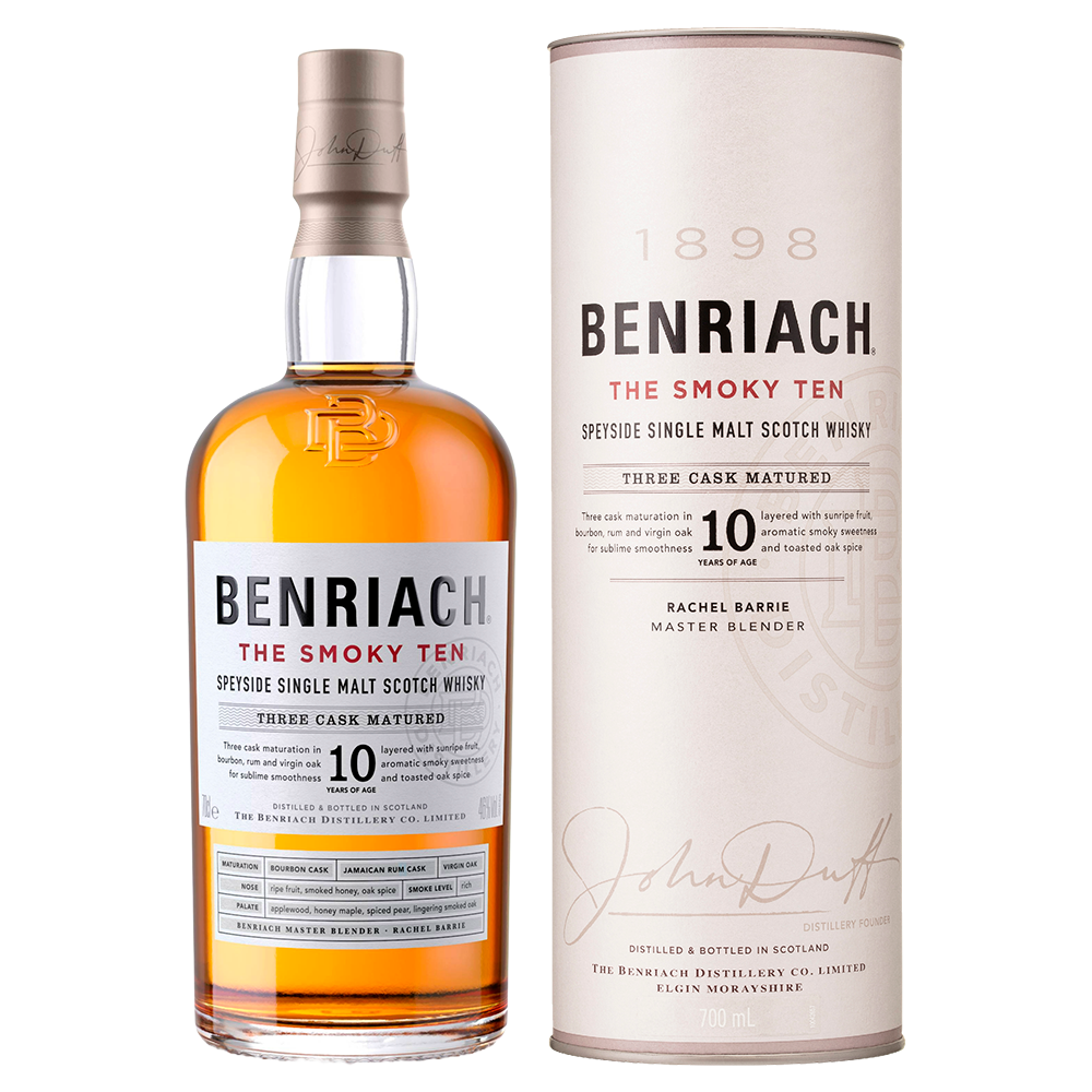 A bottle of Benriach The Smoky Ten Single Malt Scotch Whisky, aged 10 years, stands next to its cylindrical box. Both feature the brand name, product details, and gold, white, and dark gray accents.