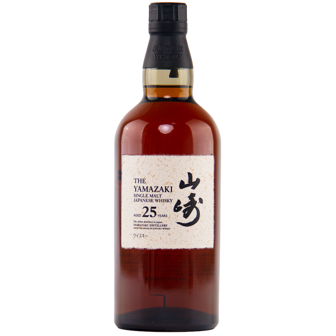 A bottle of Yamazaki 25 Year Old Japanese Single Malt Whisky, aged in rare Mizunara oak, with a dark cap and a white label displaying English and Japanese text.