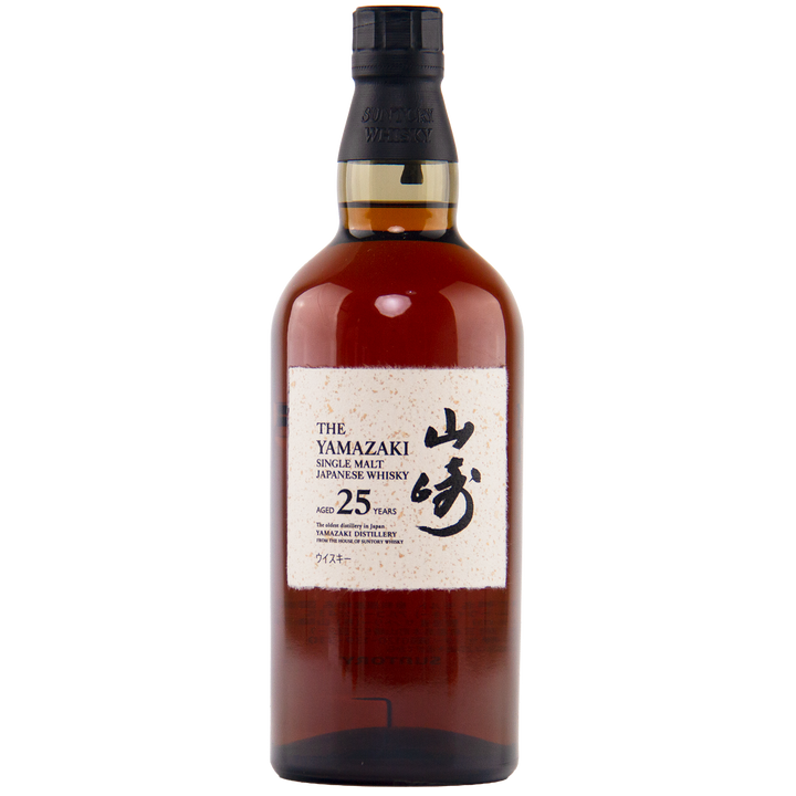 A bottle of Yamazaki 25 Year Old Japanese Single Malt Whisky, aged in rare Mizunara oak, with a dark cap and a white label displaying English and Japanese text.