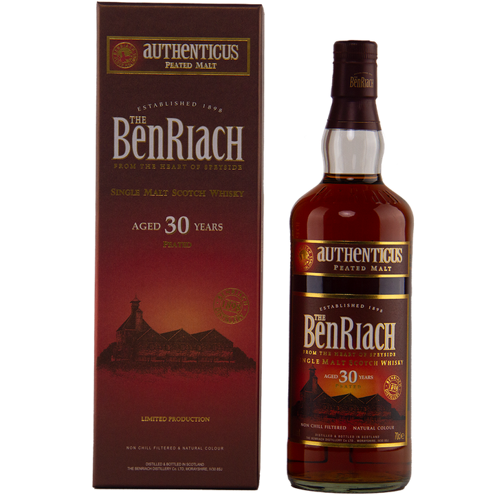 A bottle of Benriach Authenticus Peated 30 Year Old stands beside its maroon box, which features gold and white lettering describing this peated Speyside single malt, along with a distillery illustration.