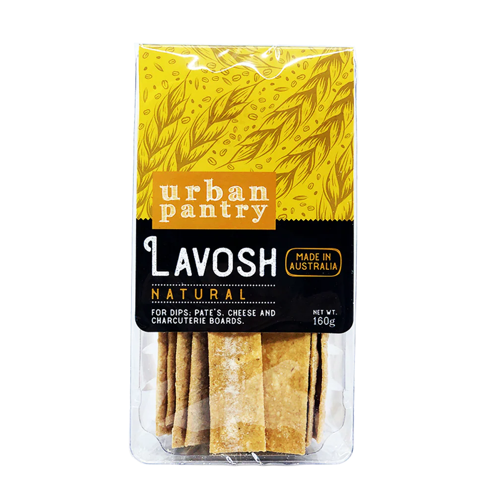 A 160g pack of Urban Pantry Natural Lavosh, an Australian-made flatbread in yellow and black packaging with wheat graphics and a clear window displaying rectangular crackers—ideal for cheese, dips, and grazing boards.