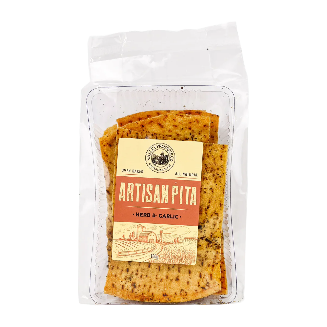 Valley Produce Artisan Pita Herb and Garlic comes in a clear plastic pack with a beige and brown label featuring a landscape illustration—an ideal choice for grazing boards.