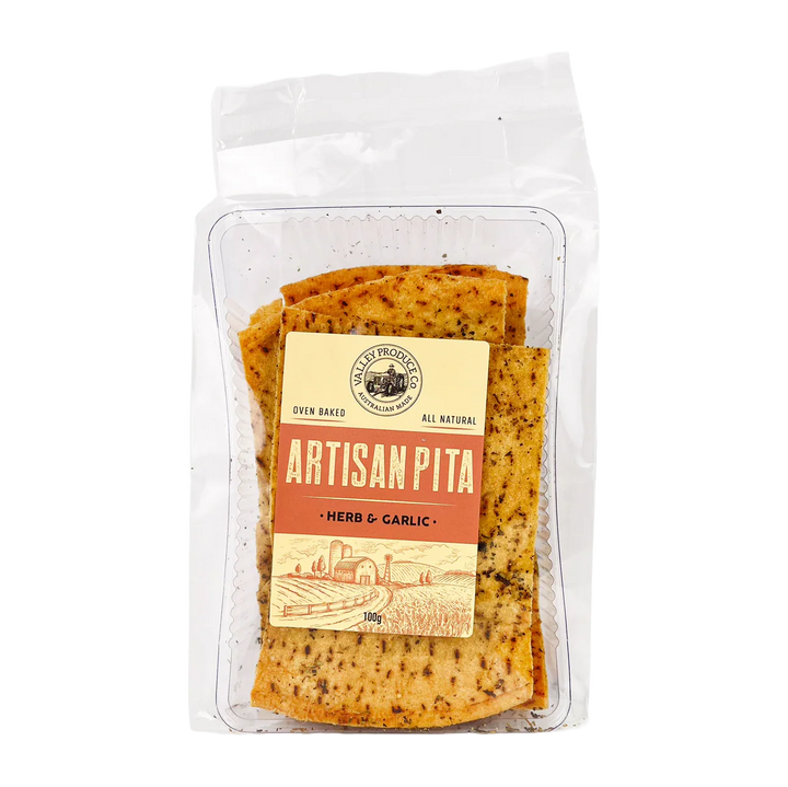 Valley Produce Artisan Pita Herb and Garlic comes in a clear plastic pack with a beige and brown label featuring a landscape illustration—an ideal choice for grazing boards.