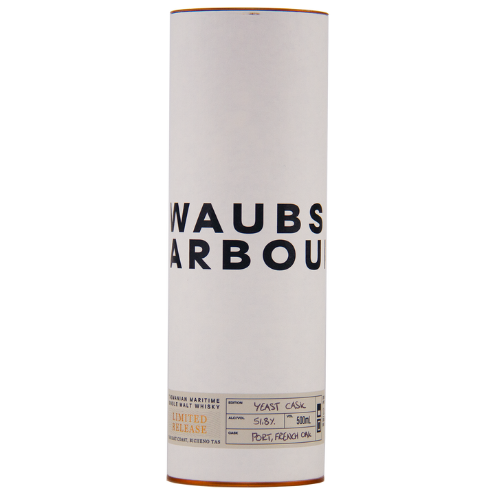 A cylindrical white container with bold WAUBS HARBOUR lettering and a beige label at the base details this limited-edition Waubs Harbour Yeast Cask Single Malt Australian Whisky, 51.6% ABV, 500ml.