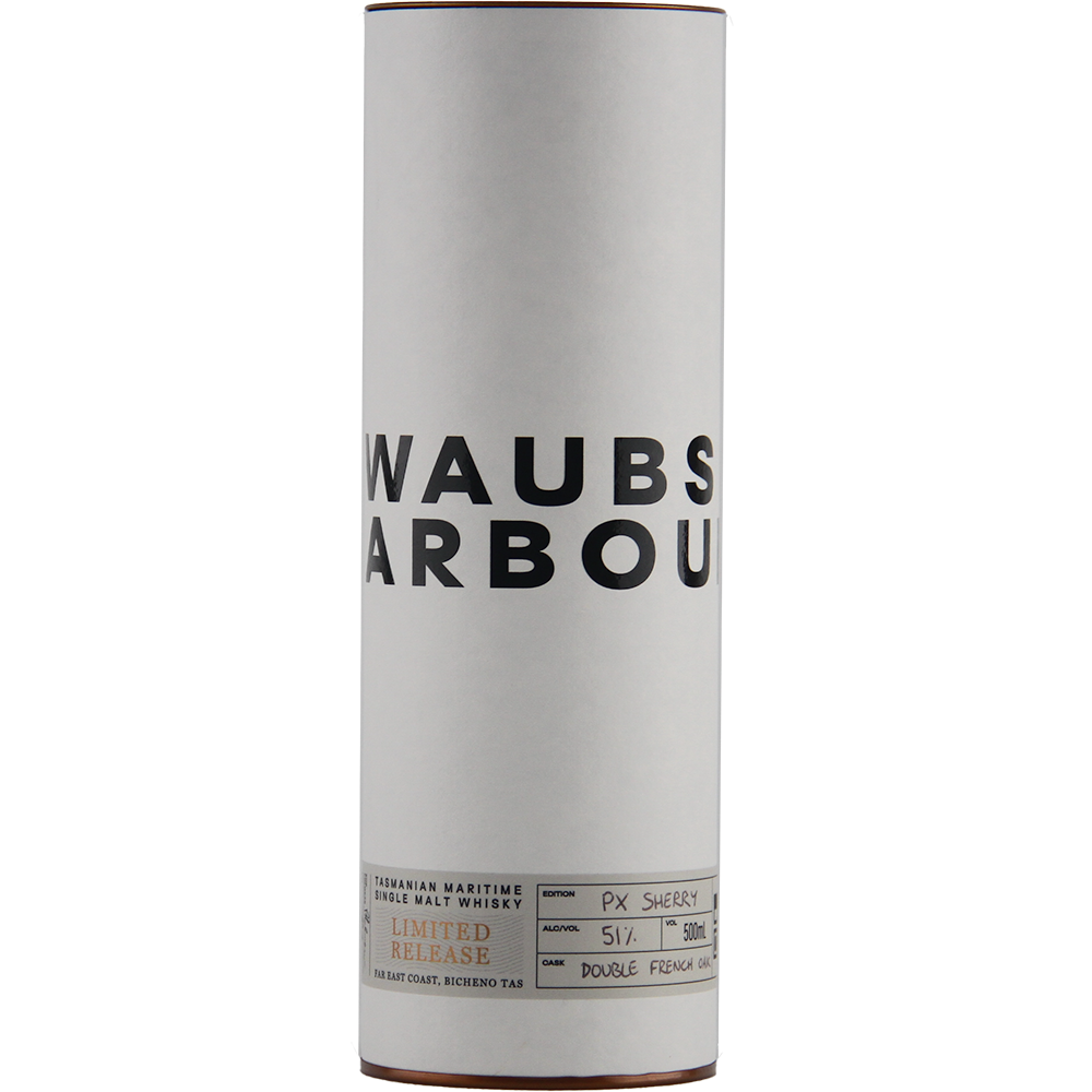 A tall, cylindrical white container labeled Waubs Harbour PX Sherry Cask Single Malt Australian Whisky, marked as a limited release and matured in a PX Sherry Cask.