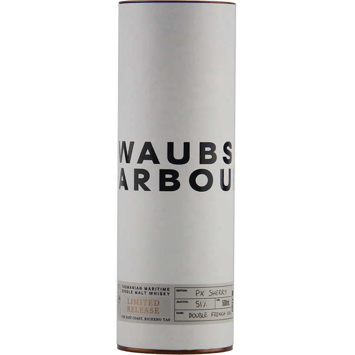 A tall, cylindrical white container labeled Waubs Harbour PX Sherry Cask Single Malt Australian Whisky, marked as a limited release and matured in a PX Sherry Cask.