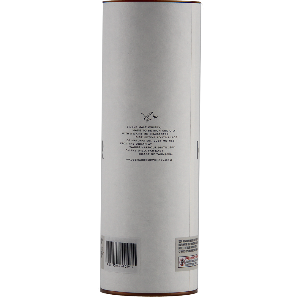 The back of the Waubs Harbour PX Sherry Cask Single Malt Australian Whisky packaging features text describing this Tasmanian whisky and the Waubs Harbour distillery, plus a barcode, all on a simple white background.