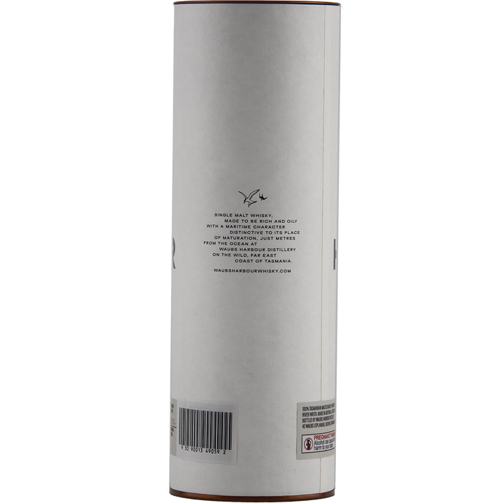 The back of the Waubs Harbour PX Sherry Cask Single Malt Australian Whisky packaging features text describing this Tasmanian whisky and the Waubs Harbour distillery, plus a barcode, all on a simple white background.