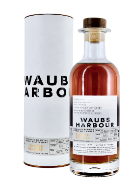 Waubs Harbour whisky bottle and packaging on a white background