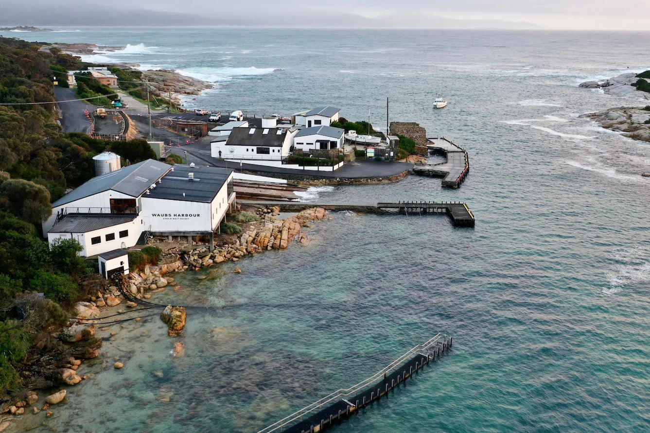 Coastal scene with buildings, a dock, and ocean waves.