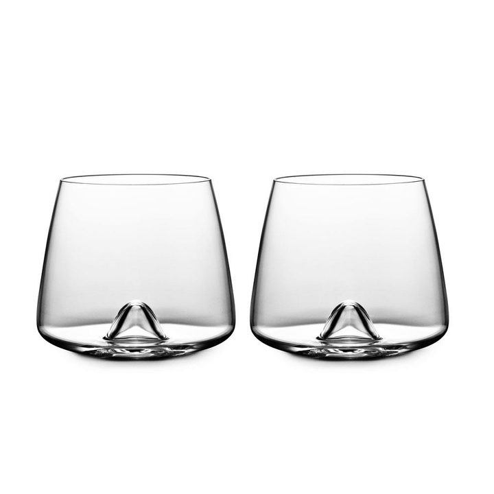 The Normann Copenhagen Whisky Glass 2 pcs set features two modern, clear whiskey glasses with a distinctive raised cone-shaped base, displayed side by side on a white background.
