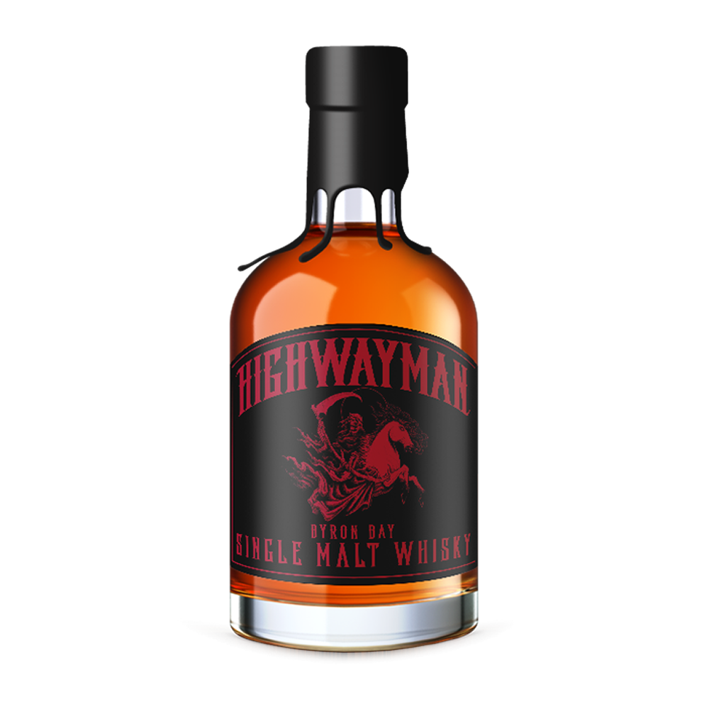 A bottle of Highwayman The Indiana Gentleman Single Malt Australian Whisky stands against a plain white background. Its black and red label, inspired by The Indiana Gentleman, features a figure on horseback and is topped with a black wax seal.