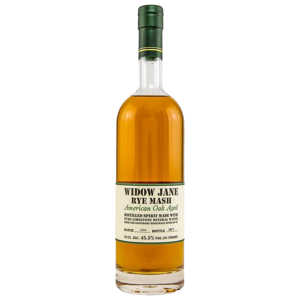 A bottle of Widow Jane American Oak Aged Rye Whiskey features amber liquid, a green cap, and a cream label with 45.5% ABV and branding from the renowned Brooklyn Distillery.
